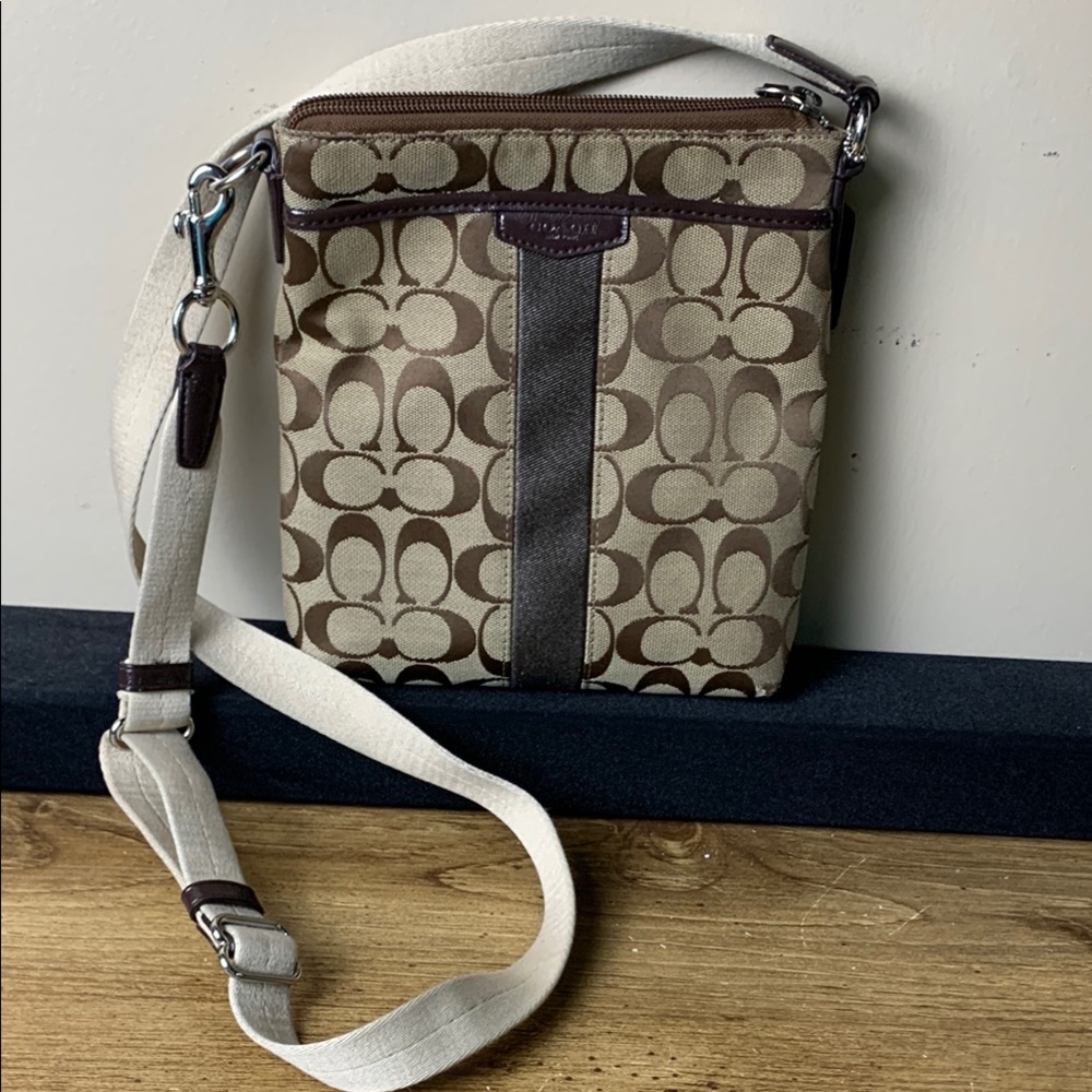Coach Heritage Stripe Swingpack Crossbody Bag Brown Cream